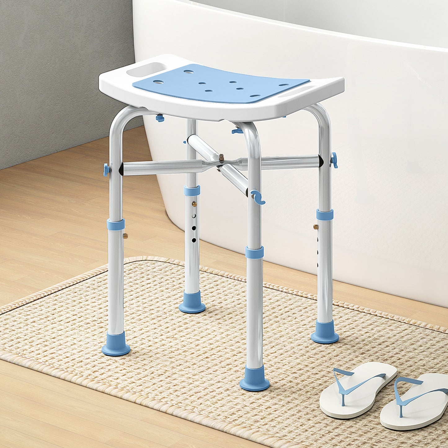 Adjustable Shower Stool with Foot Pads for Elderly, Light Blue