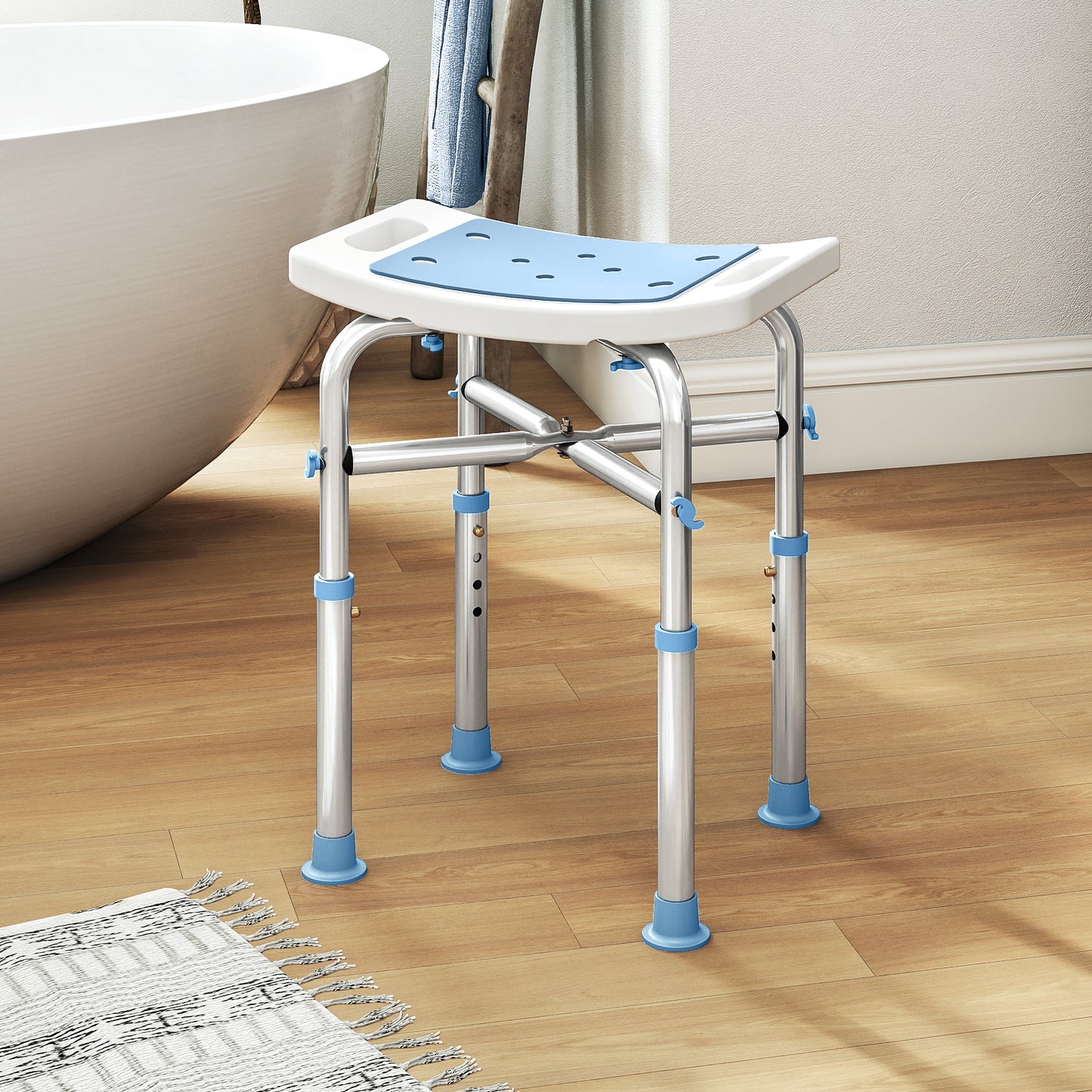 Adjustable Shower Stool with Foot Pads for Elderly, Light Blue