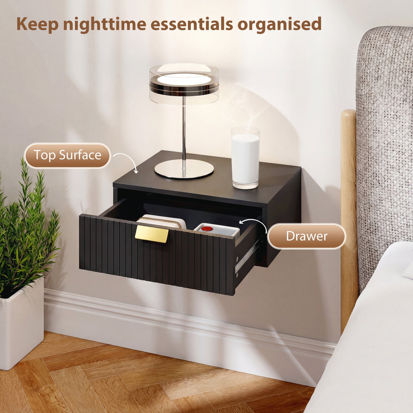 Floating Nightstands Set of 2 Bedside Tables w/ Wave Drawer Black