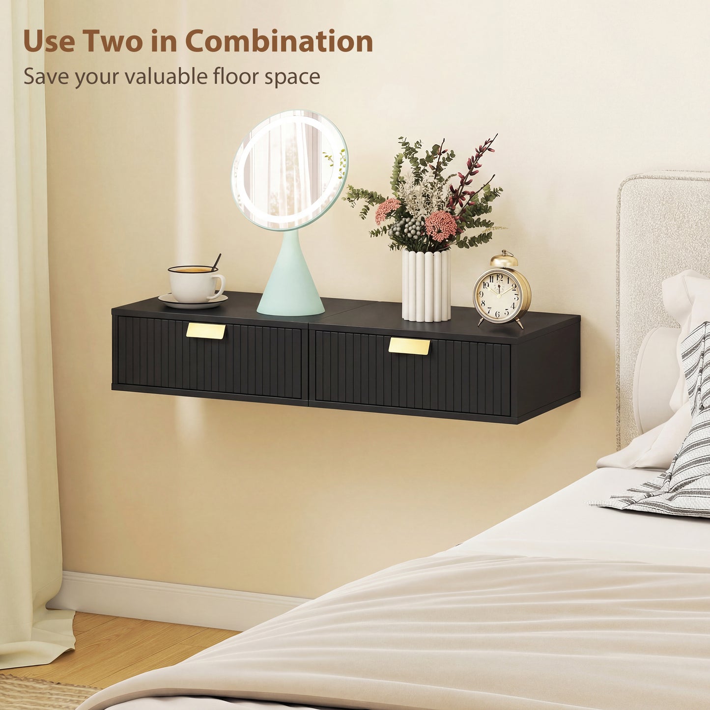 Floating Nightstands Set of 2 Bedside Tables w/ Wave Drawer Black