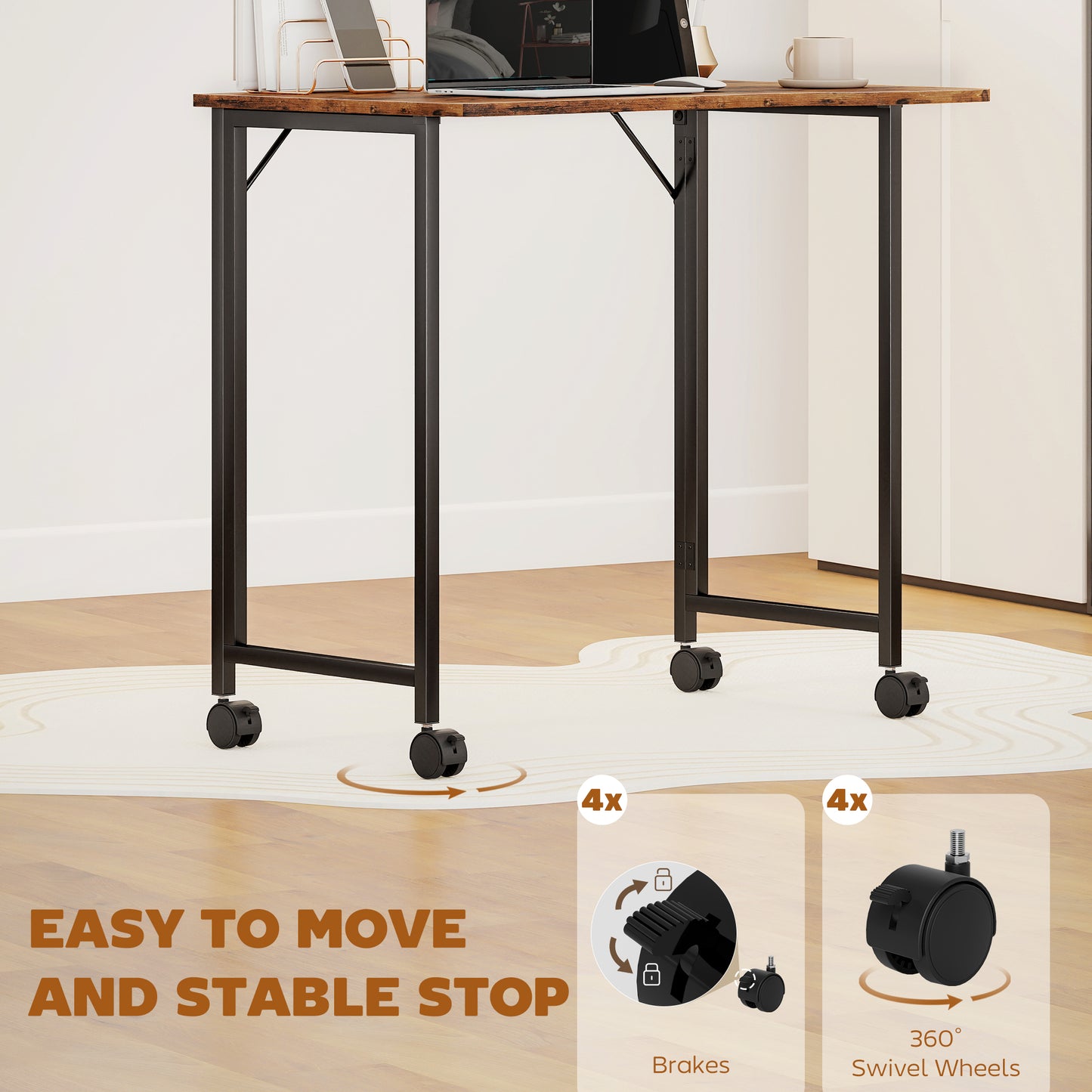 Small Writing Desk with Wheels, Folding Study Table, Rustic Brown
