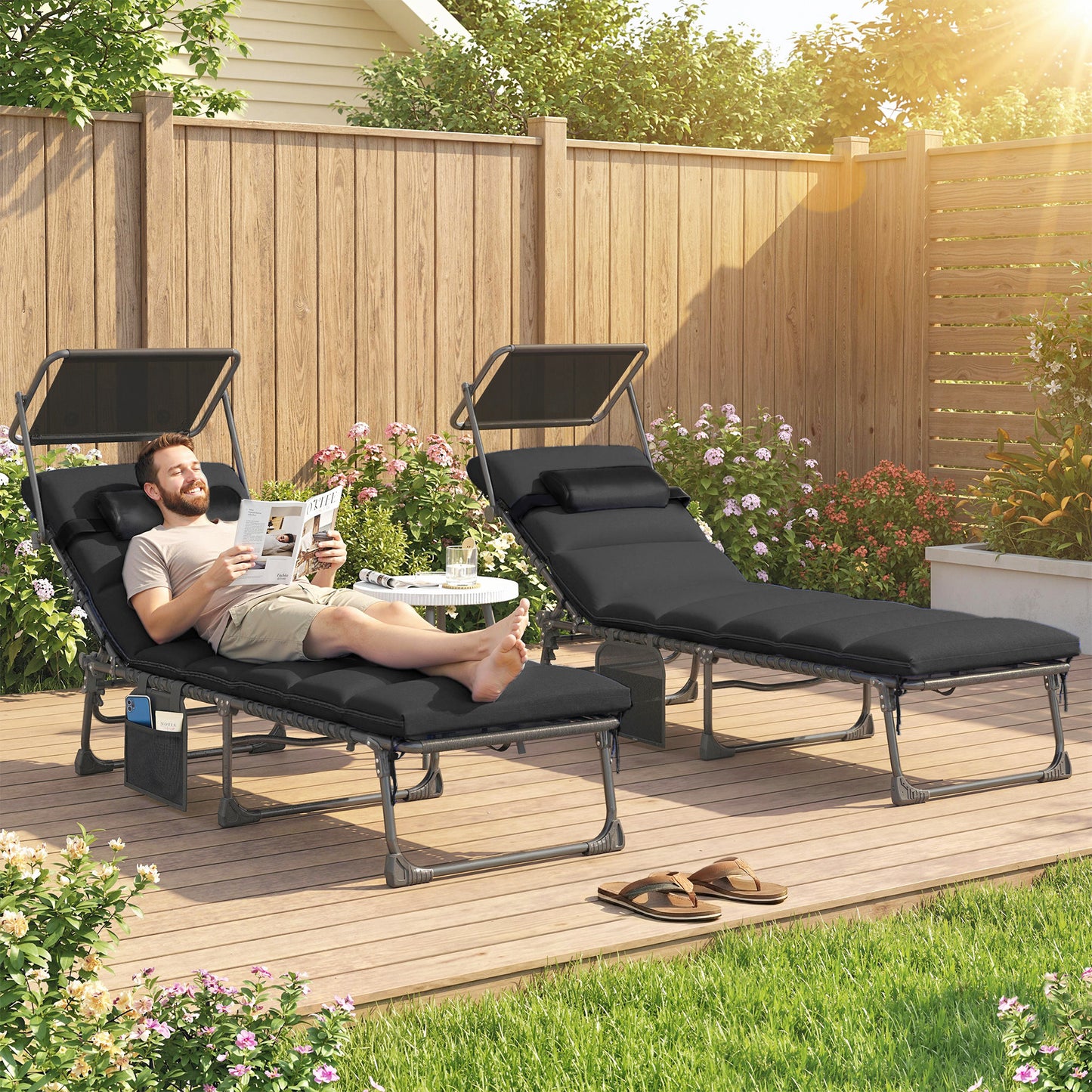 Folding Sun Loungers Set of 2, Sun Bed with Canopy, Black