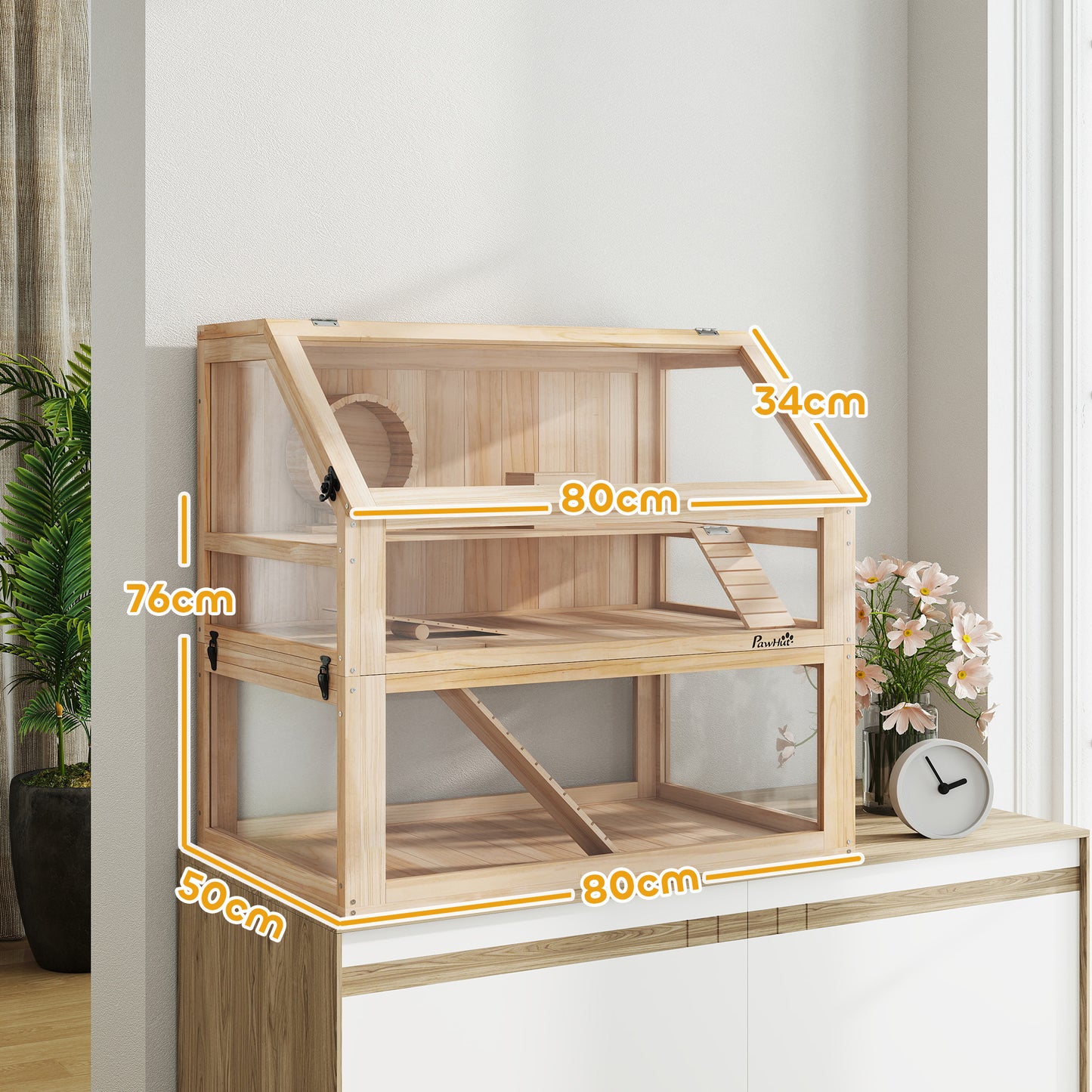 Wooden Hamster Cage w/ Detachable Bottom, Hut, Seesaw, Natural
