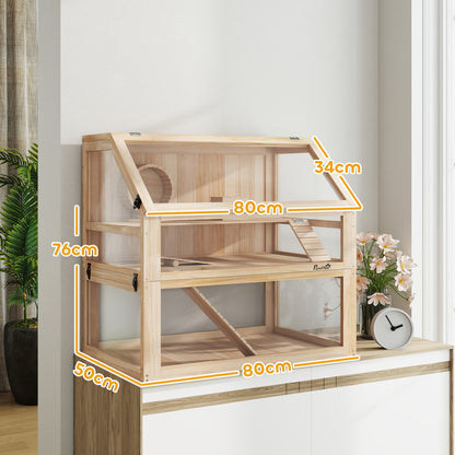 Wooden Hamster Cage w/ Detachable Bottom, Hut, Seesaw, Natural