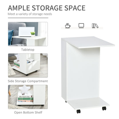 Mobile Sofa Side Table C-Shape End Table with Storage and Casters for Laptop Coffee Snack, White