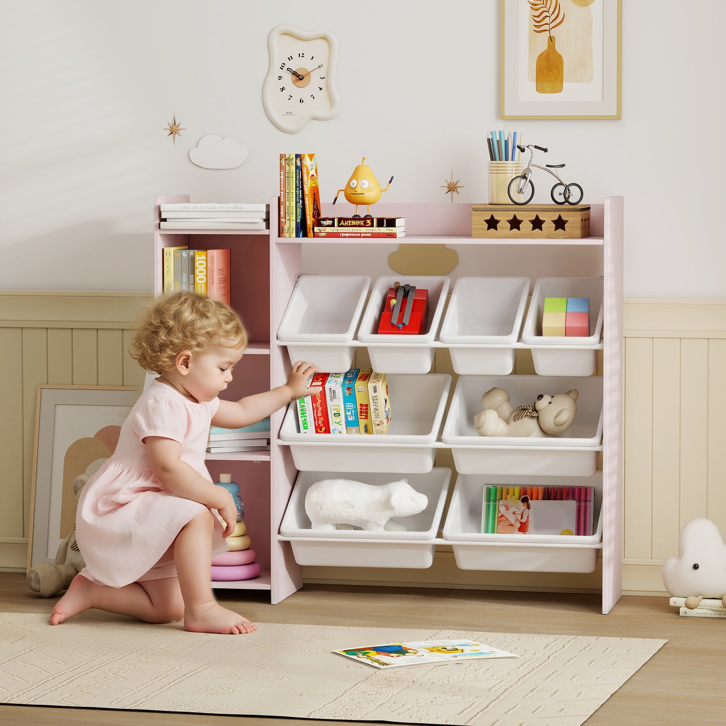 Toy Storage Unit with 8 Removable Bins, Storage Shelves, Cabinet