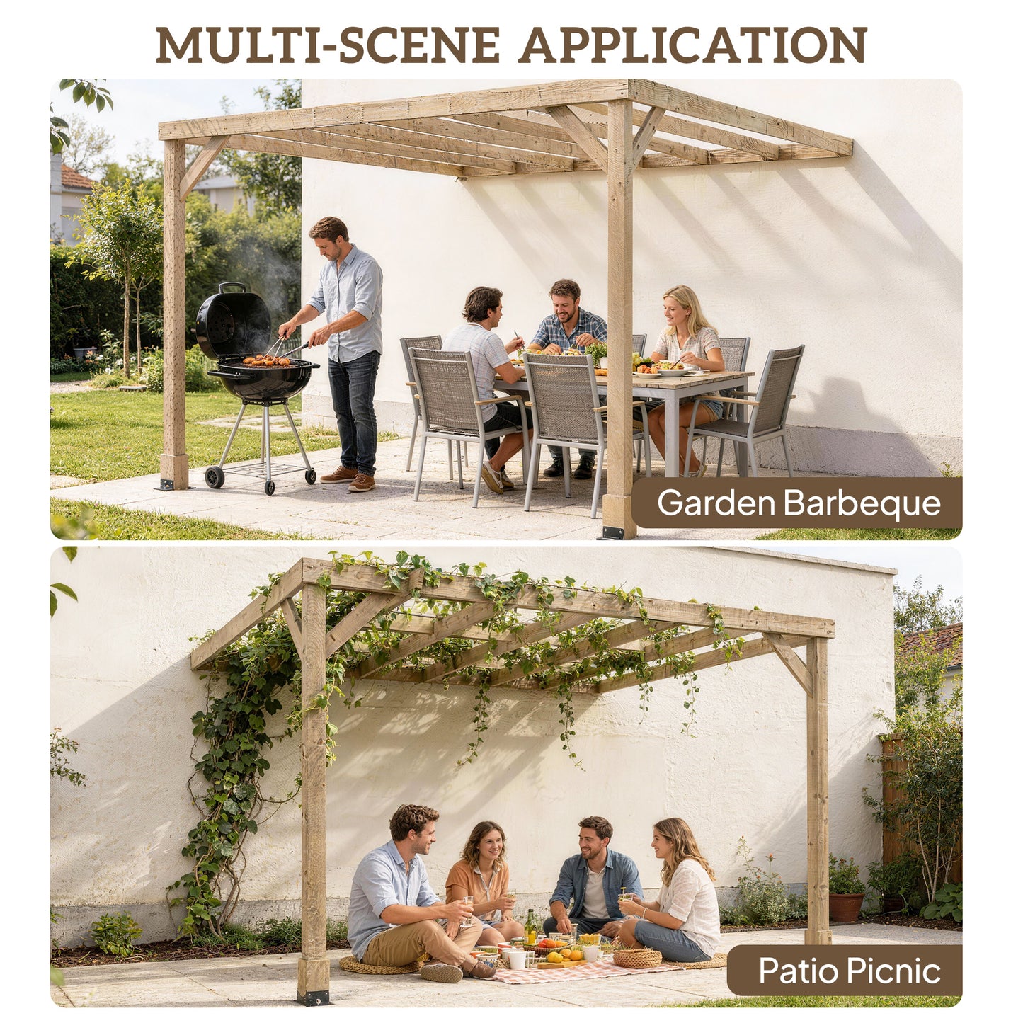 2.4 x 2.4m Lean-To Wooden Pergola Kit, Grape Trellis with Stable Structure