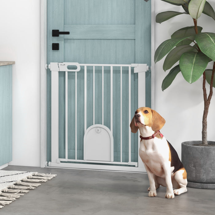 75-82cm Pet Safety Gate with Double Locking, Pressure Fit Stair with Cat Flat for Doorways, Hallways, White