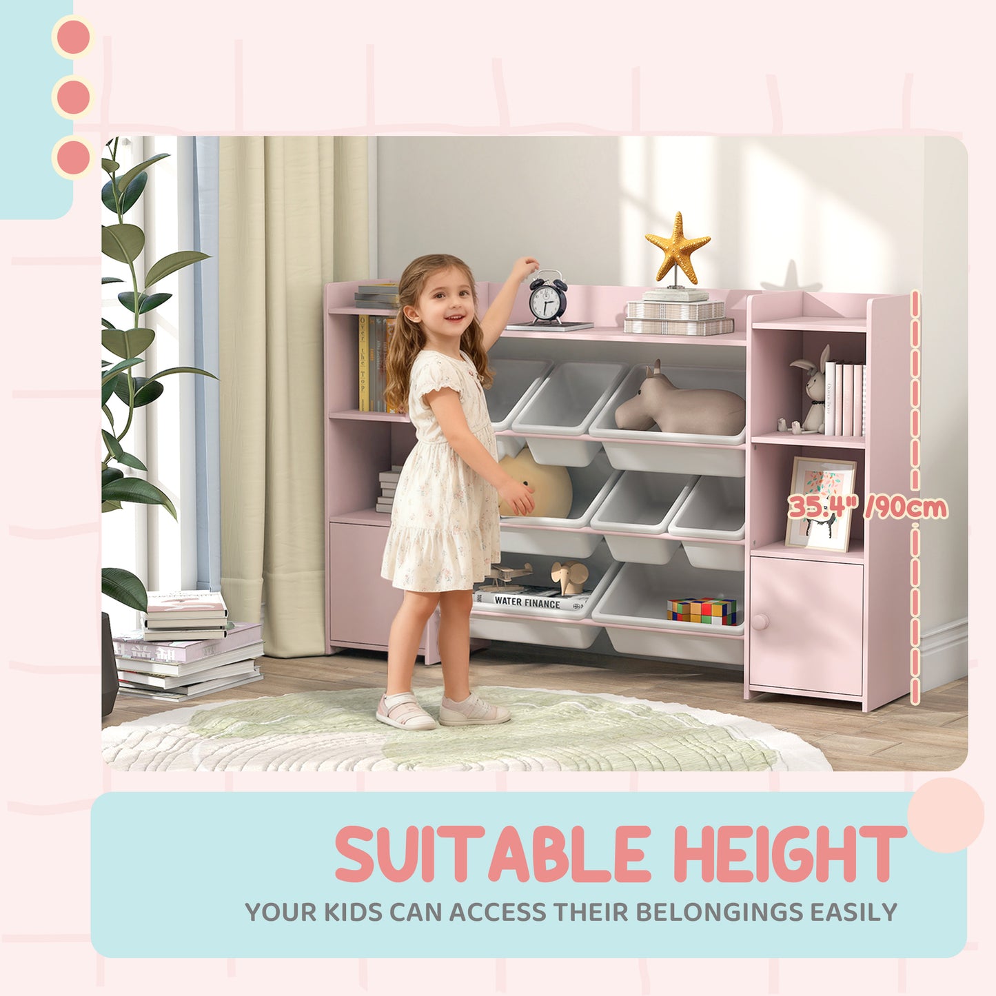Kids Toy Storage Organiser with 8 Removable Storage Bins, Pink