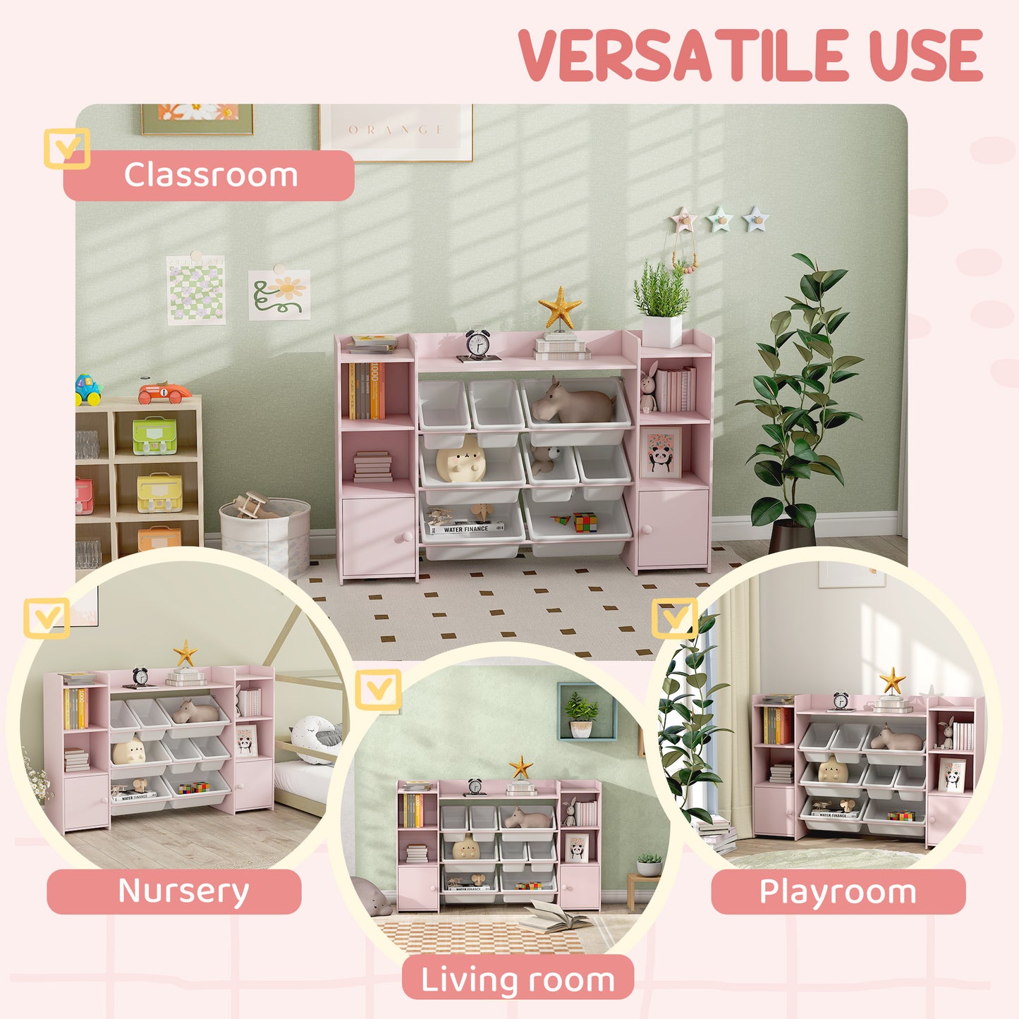 Kids Toy Storage Organiser with 8 Removable Storage Bins, Pink