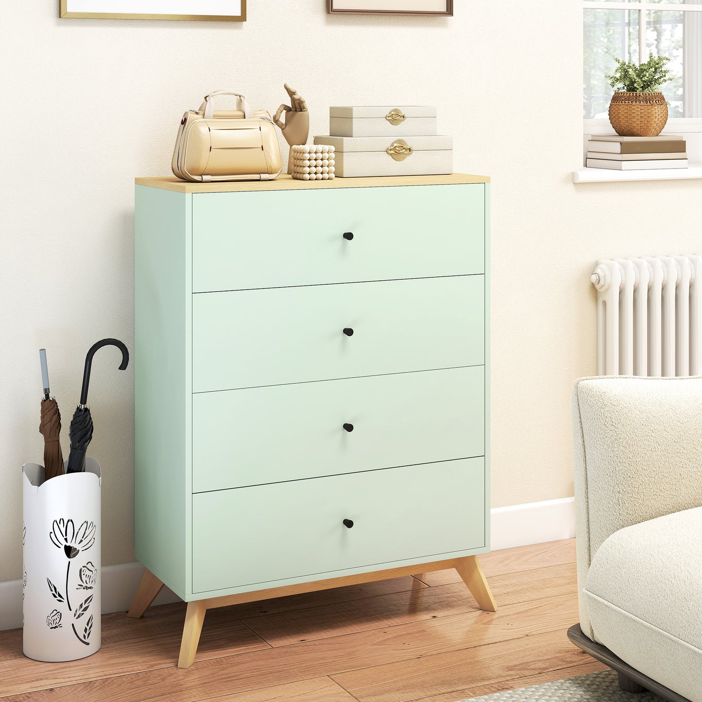 Chest of Drawers, 4 Drawer Storage Cabinet Floor Tower Cupboard for Bedroom Living Room, Light Green and Oak