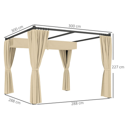 3 x 3(m) Pergola with Retractable Roof and Curtains, Khaki