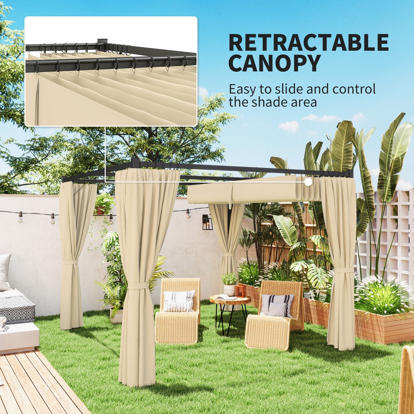 3 x 3(m) Pergola with Retractable Roof and Curtains, Khaki