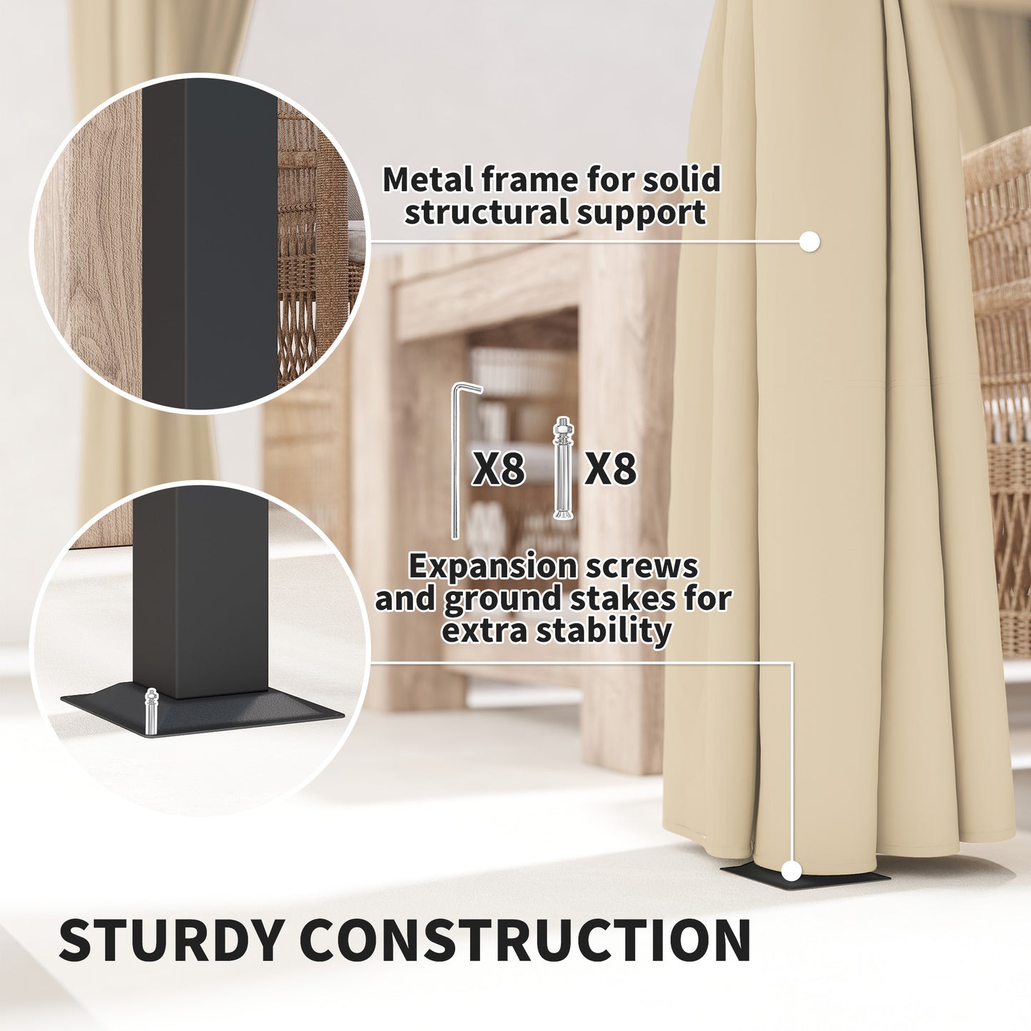 3 x 3(m) Pergola with Retractable Roof and Curtains, Khaki