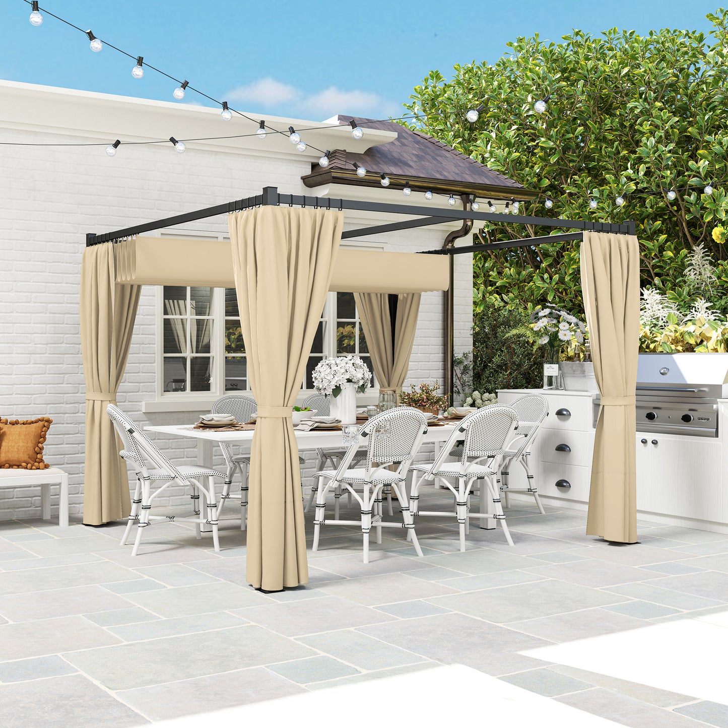 3 x 3(m) Pergola with Retractable Roof and Curtains, Khaki