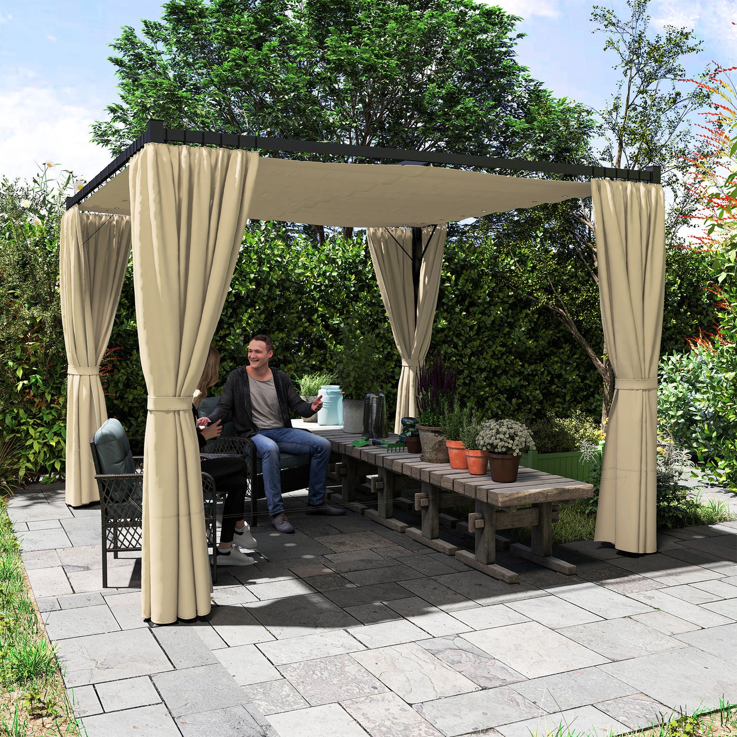 3 x 3(m) Pergola with Retractable Roof and Curtains, Khaki