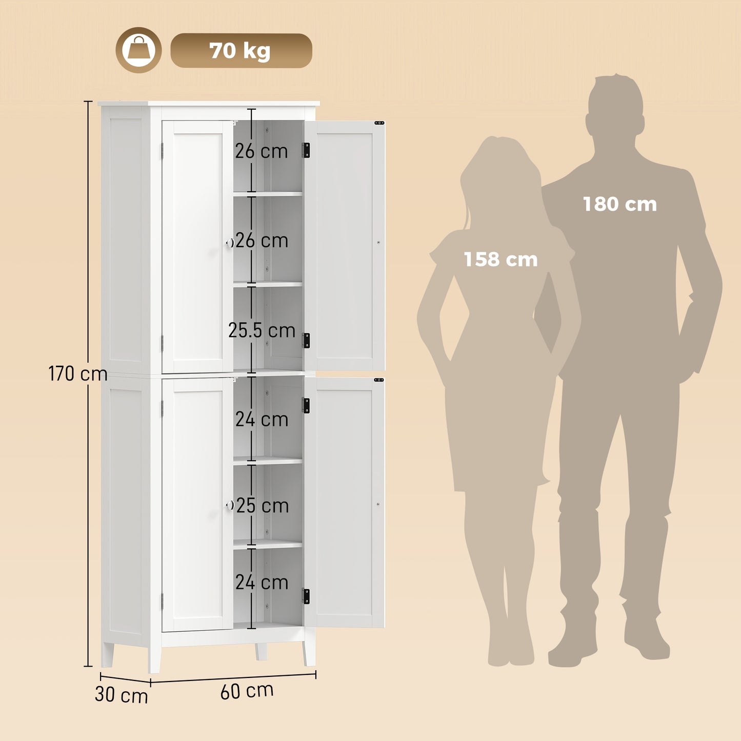170 cm Tall Bathroom Storage Cabinet with Adjustable Shelves