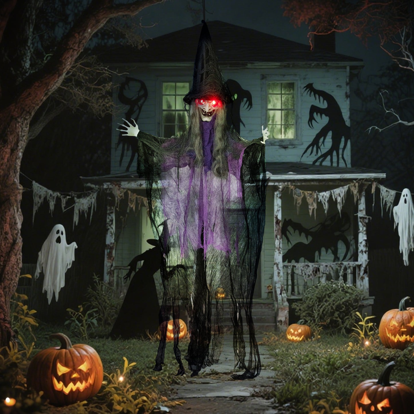 Voice Activated Halloween Animatronics Hanging Witch, Purple