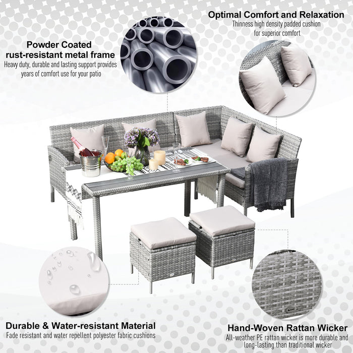 6-Seater Garden Outdoor Patio Rattan Corner Dining Set Wicker Sofa, Foot Stool, Dining Table with White Cushions, Mixed Grey