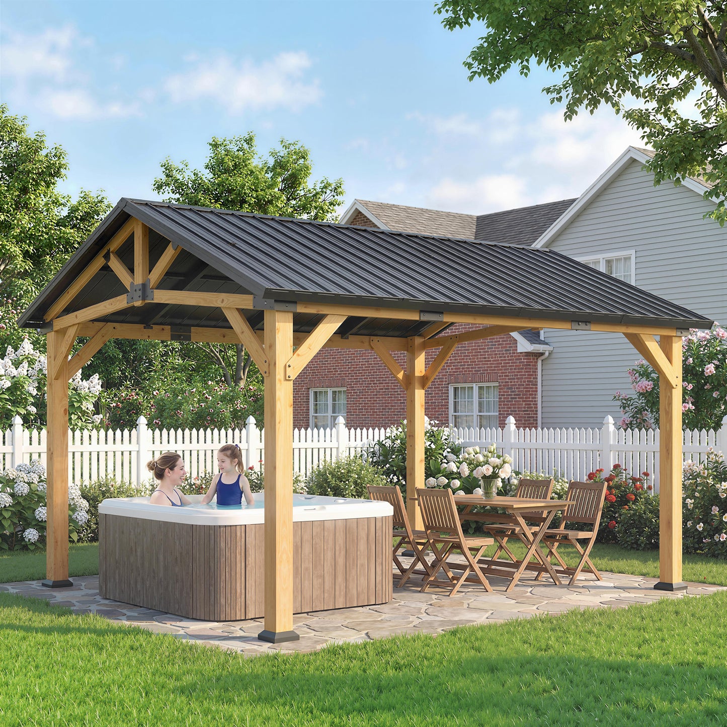 3.5 x 4 m Hardtop Gazebo with Galvanised Metal Roof, Black Grey