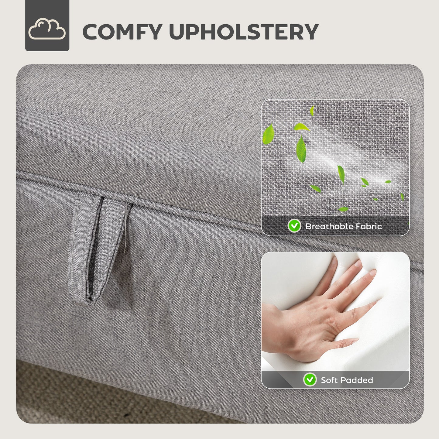 Linen Storage Ottoman Storage Box with Rubberwood Legs, Light Grey