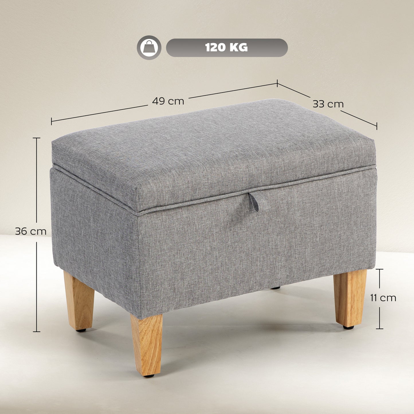 Linen Storage Ottoman Storage Box with Rubberwood Legs, Light Grey