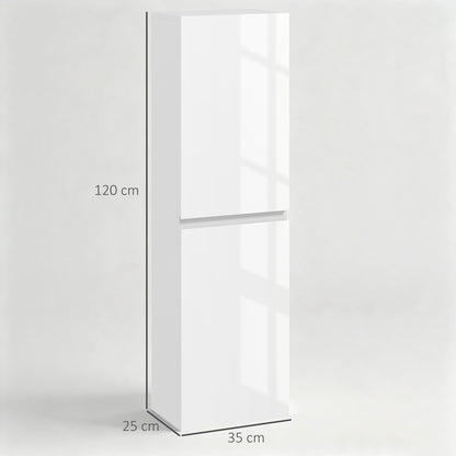 Slim Bathroom Cabinet with 2 Cupboards and Adjustable Shelves - High Gloss White