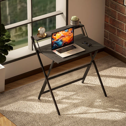 Folding Desk with Monitor Shelf, 81.5 cm Foldable Computer Desk for Small Spaces, Space Saving Writing Table Workstation for Home Office, Study, Easy Assembly, Black