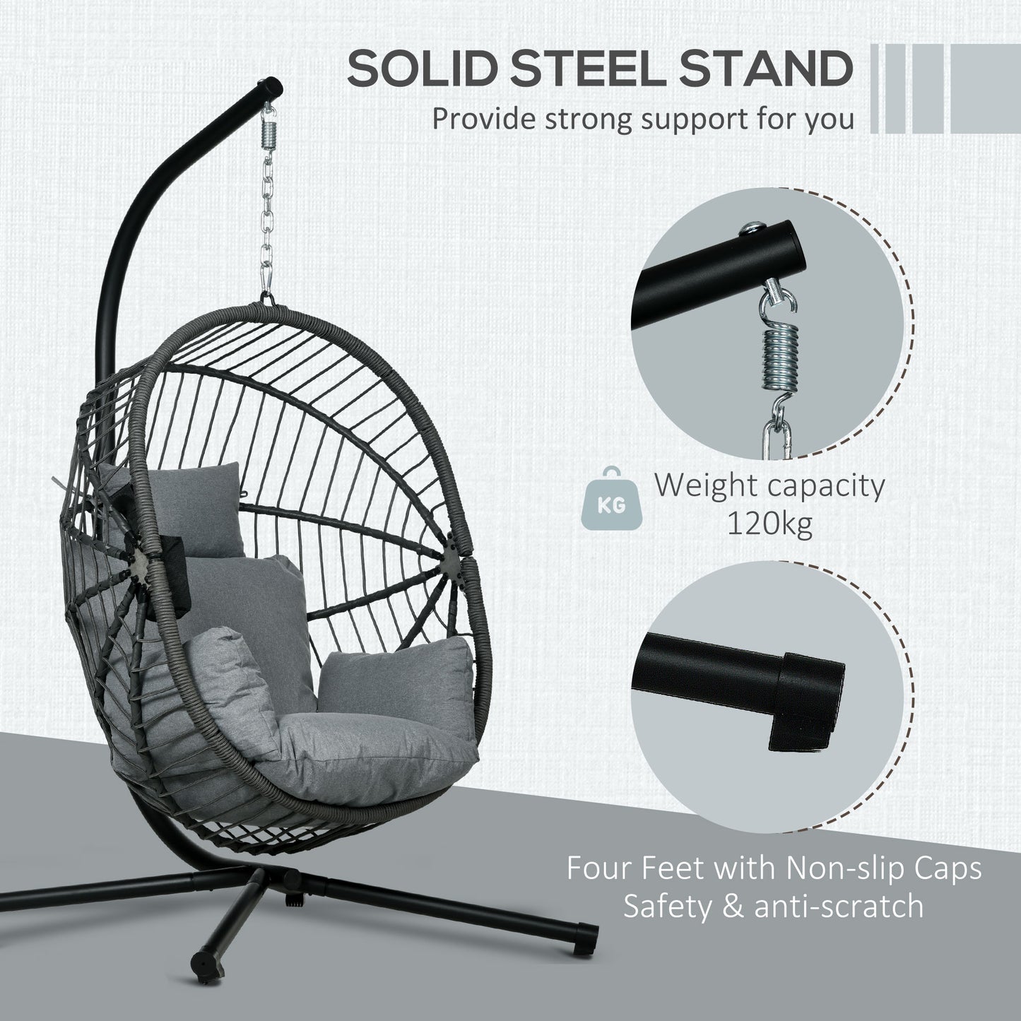 Outdoor Swing Chair with Thick Padded Cushion, Patio Hanging Chair with Metal Stand, Foldable Basket, Cup Holder, Rope Structure