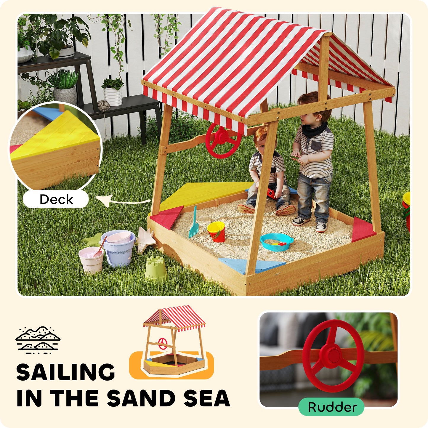 Wooden Kids Sandpit Boat Style with Canopy, 4 Seats, Rudder, Bottom Liner, for Children 3-8 Years, Yellow