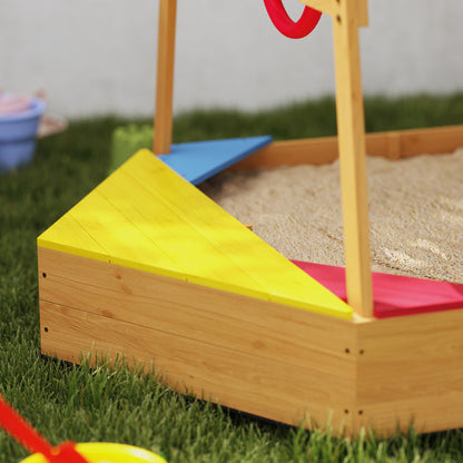 Wooden Kids Sandpit Boat Style with Canopy, 4 Seats, Rudder, Bottom Liner, for Children 3-8 Years, Yellow