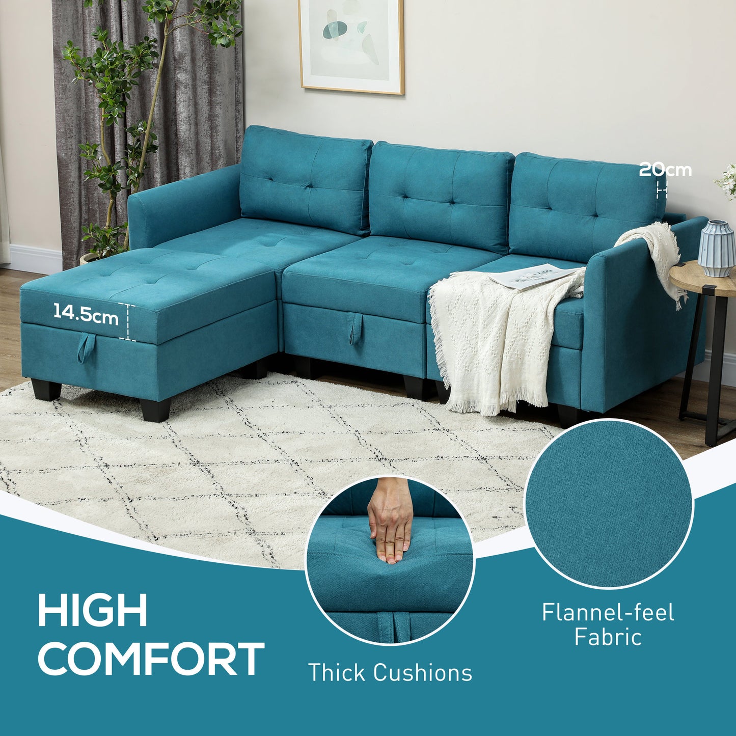 L Shaped Convertible Modular Sectional Sofa w/ Storage Wood Frame Light Blue