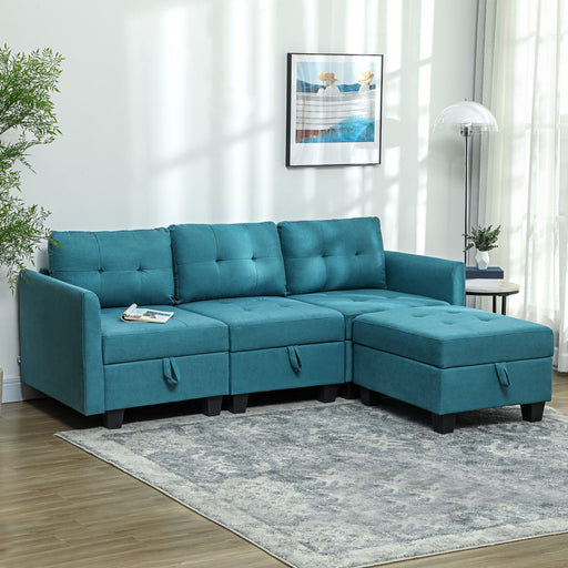 Convertible Modular Sectional Sofa w/ Storage Wood Frame Light Blue