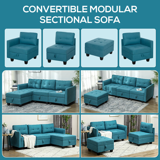 L Shaped Convertible Modular Sectional Sofa w/ Storage Wood Frame Light Blue