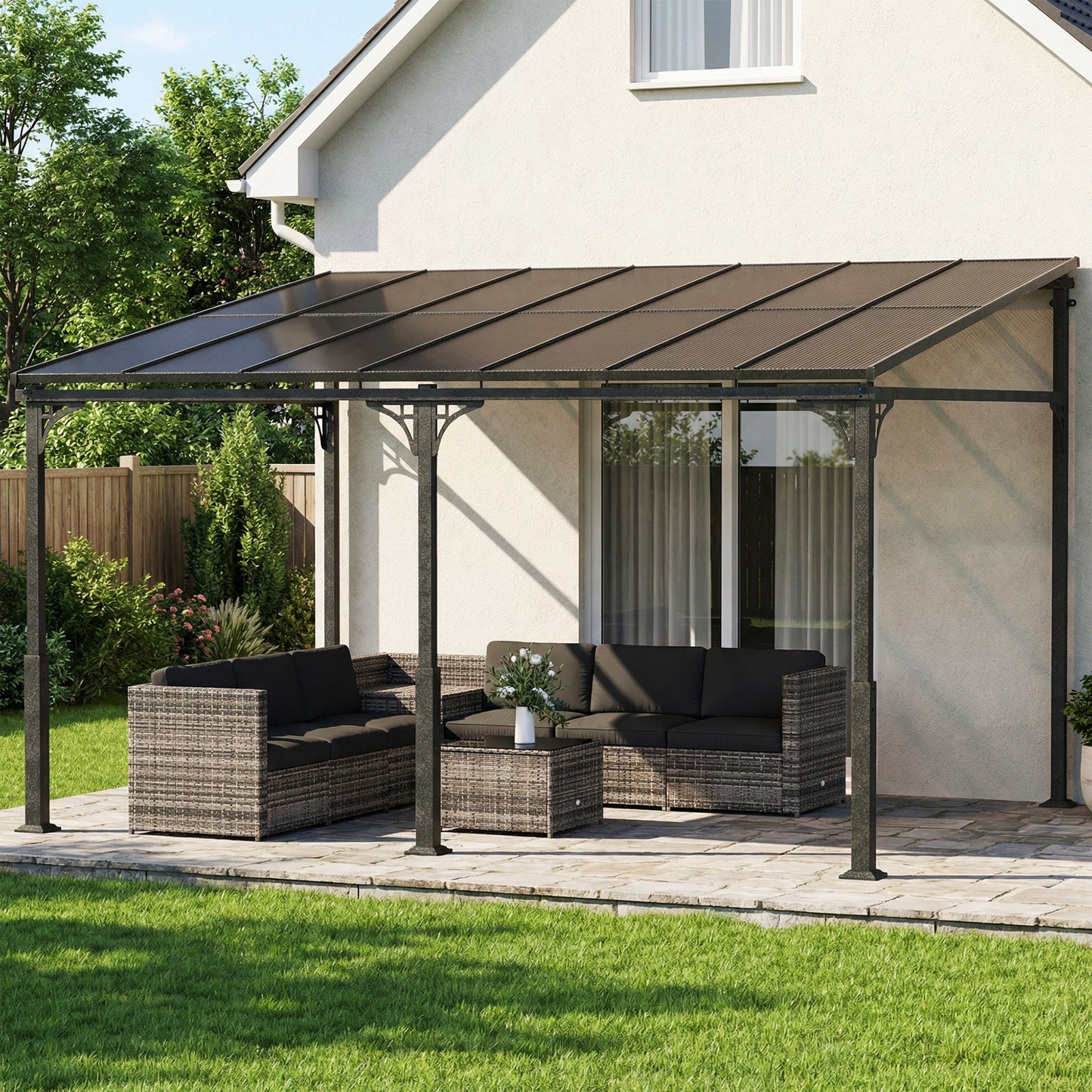 4 x 3 m Metal Lean-to Hardtop Gazebo, Wall-Mounted Pergola