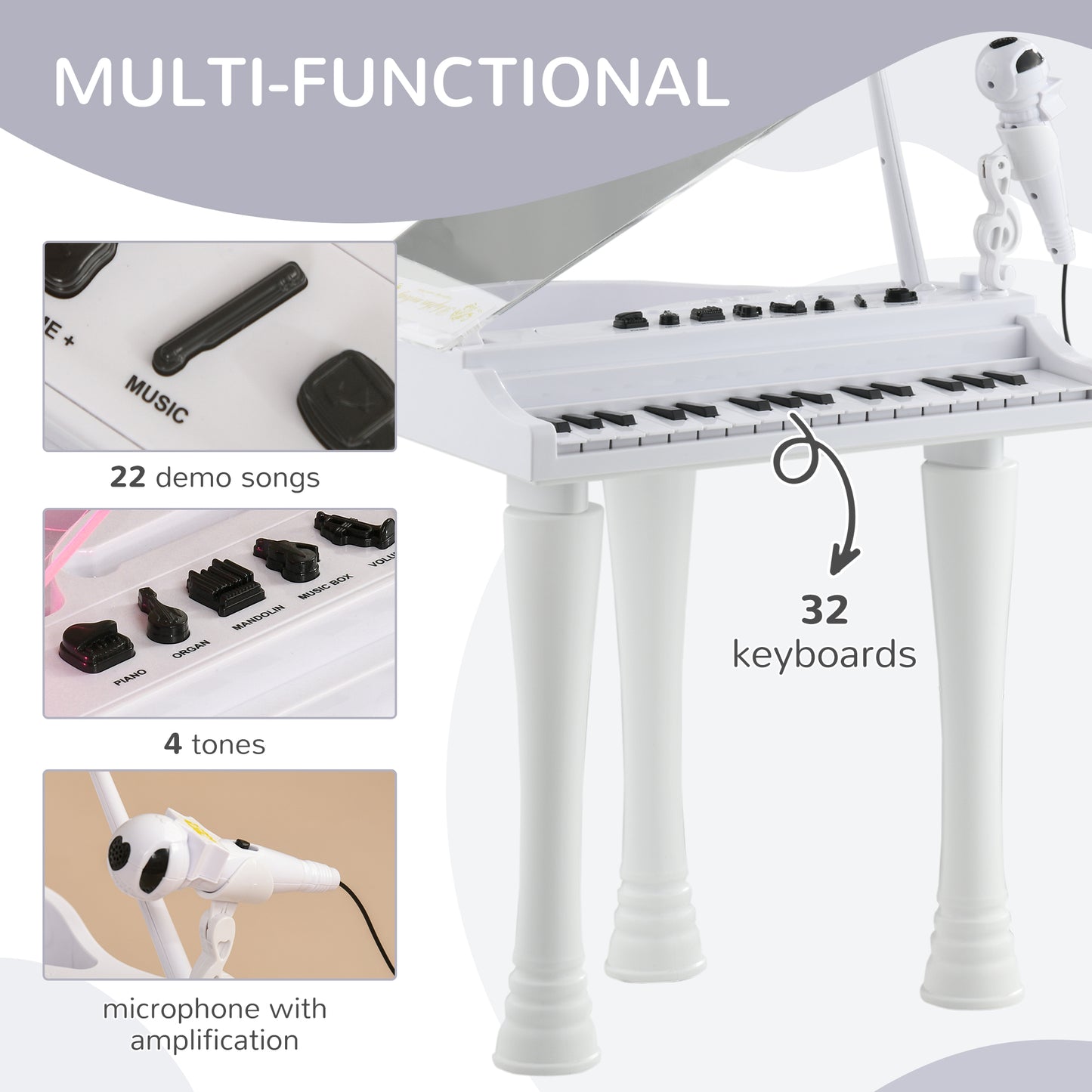 32 Keys Kids Piano Keyboard with Stool, Lights, Microphone, White