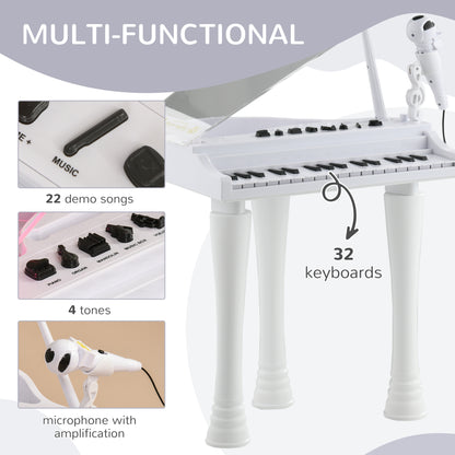 32 Keys Kids Piano Keyboard with Stool, Lights, Microphone, White
