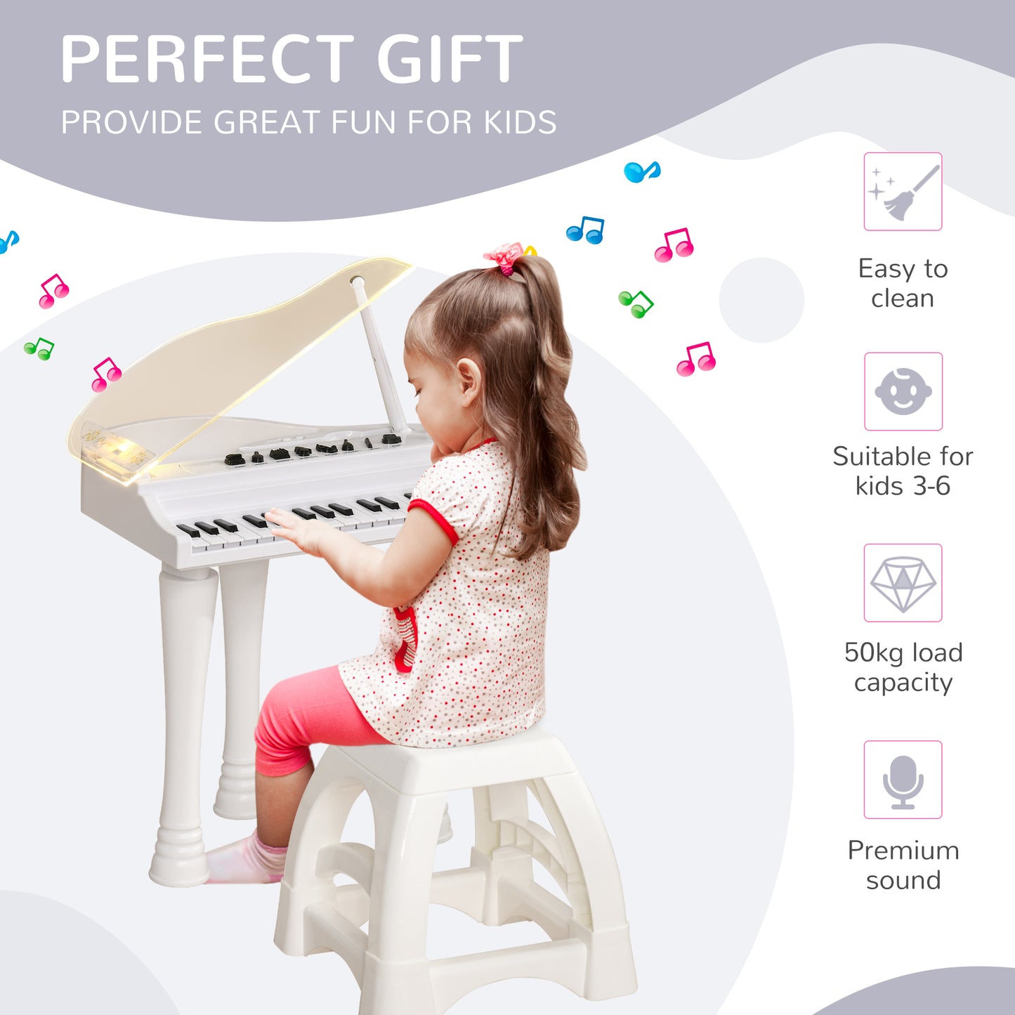 32 Keys Kids Piano Keyboard with Stool, Lights, Microphone, White