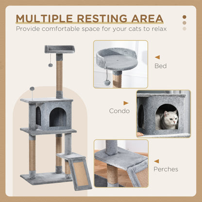 Cat Tree Tower for Indoor Cats 142cm Climbing Kitten Activity Center with Jute Scratching Post Board Perch Roomy Condo Removable Felt Hanging Toy, Grey