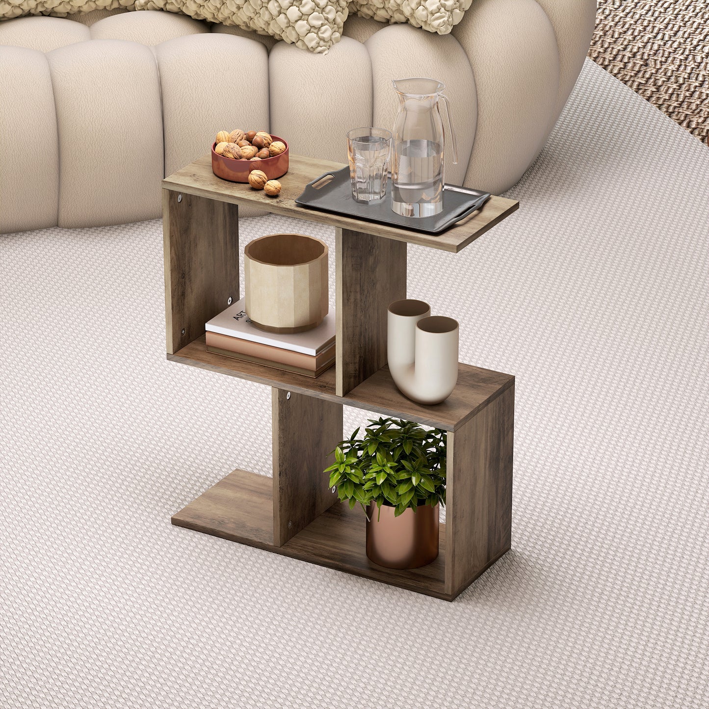 Side Table, Narrow End Table with Storage Shelves, Oak