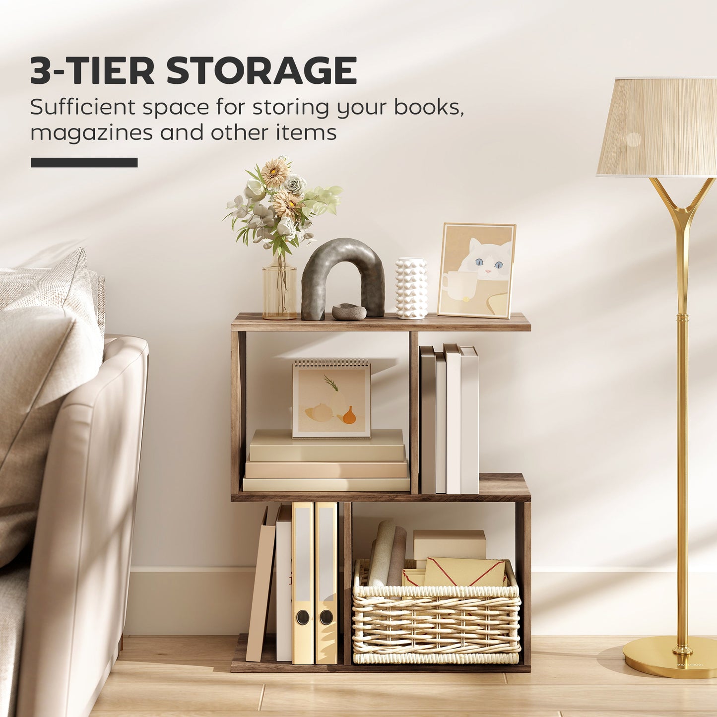 Side Table, Narrow End Table with Storage Shelves, Oak