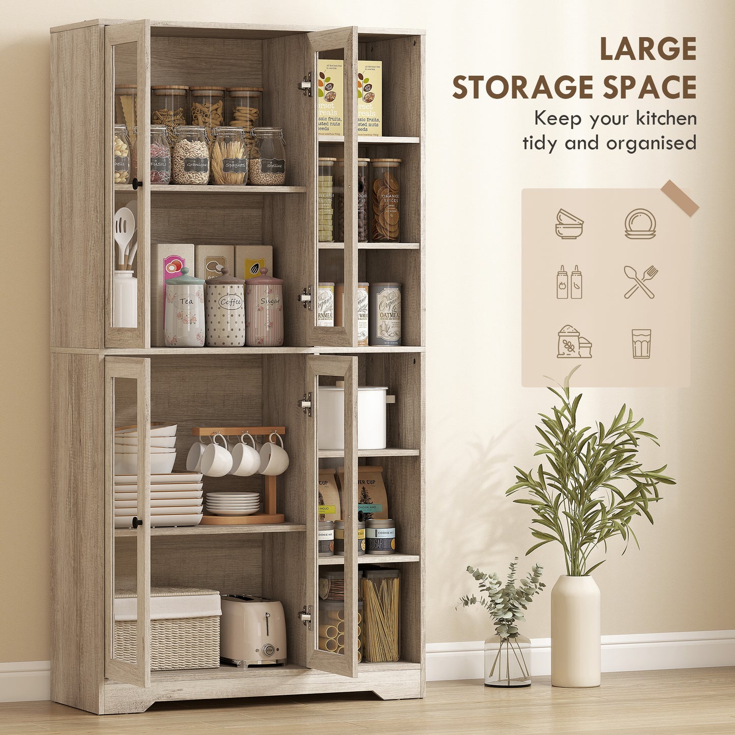 Multi-Storage Kitchen Cabinet, with Glass Doors - Grey Wood-Effect
