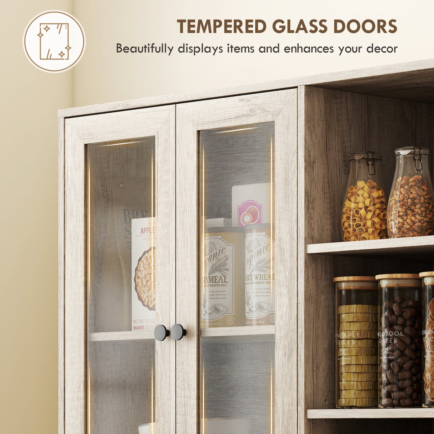 Multi-Storage Kitchen Cabinet, with Glass Doors - Grey Wood-Effect