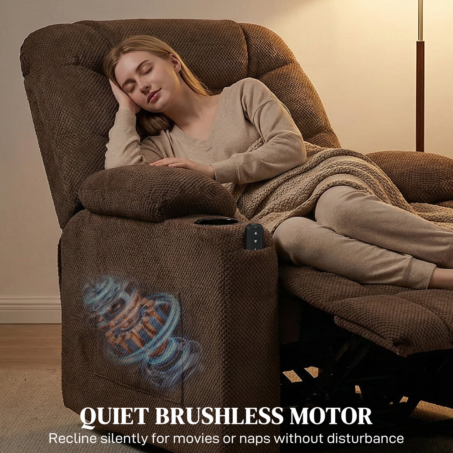 Electric Massage Recliner Armchair with Vibration, Heat, Whisper-Quiet Motor, Memory Function, Fleece Power Reclining Chair with Spring Pack, USB Port, Footrest, Side Pocket, Cup Holders, Brown