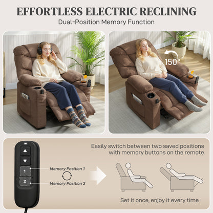 Electric Massage Recliner Armchair with Vibration, Heat, Whisper-Quiet Motor, Memory Function, Fleece Power Reclining Chair with Spring Pack, USB Port, Footrest, Side Pocket, Cup Holders, Brown