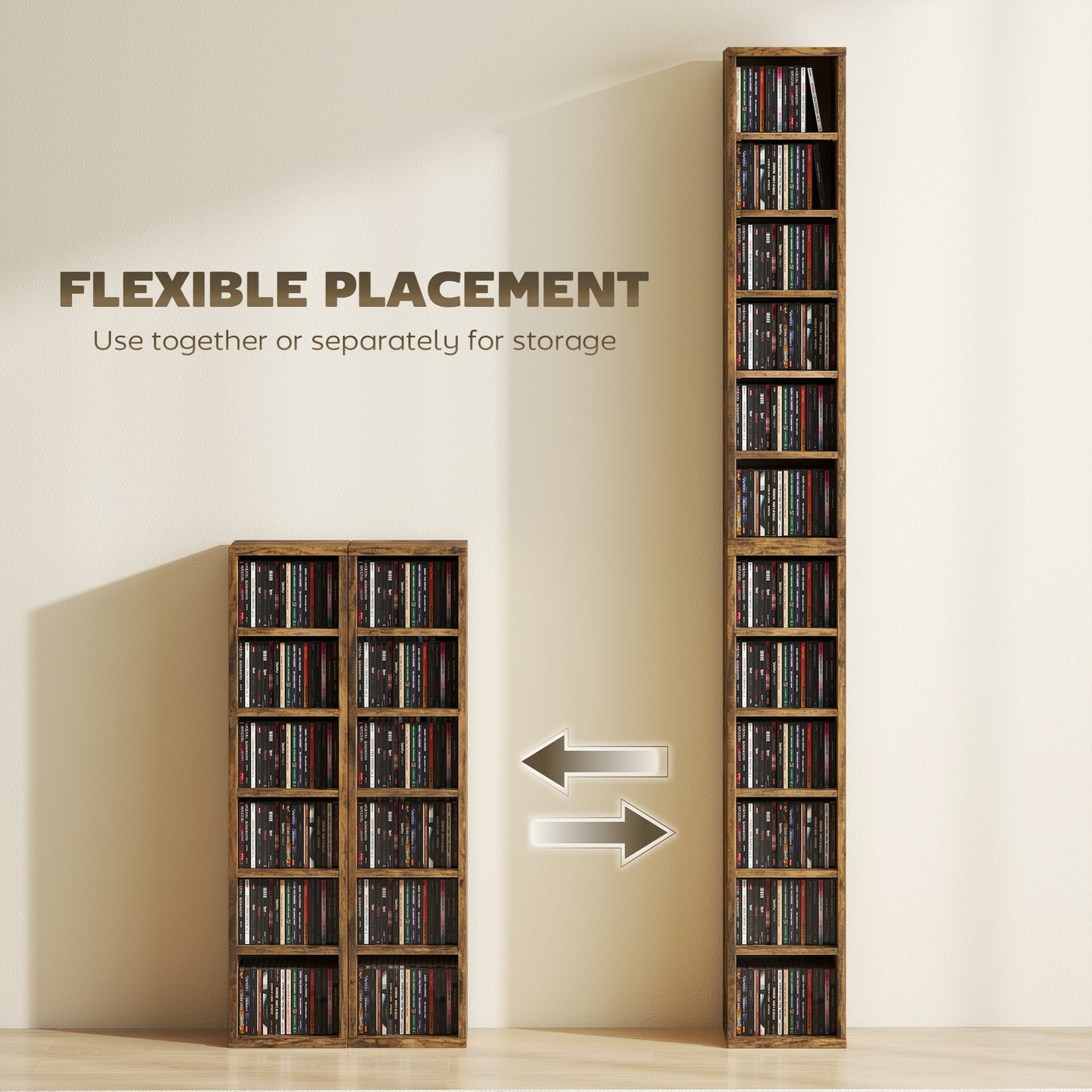 Set of 2 CD Storage Units with Adjustable Shelves, Rustic Brown