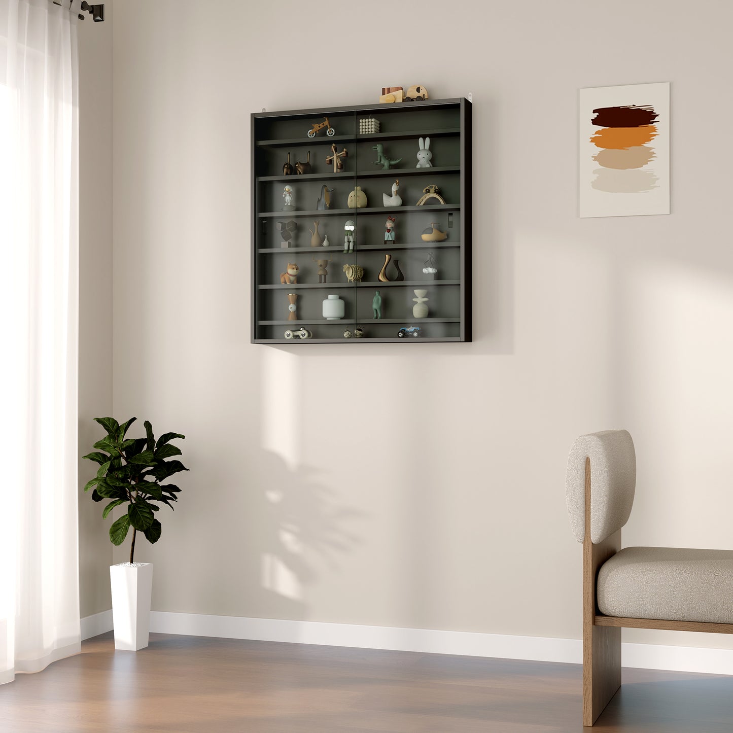 7-Tier Wall Display Cabinet w/ Shelves Glass Doors, Black