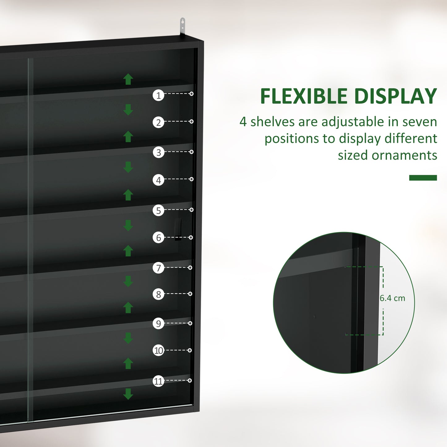 7-Tier Wall Display Cabinet w/ Shelves Glass Doors, Black