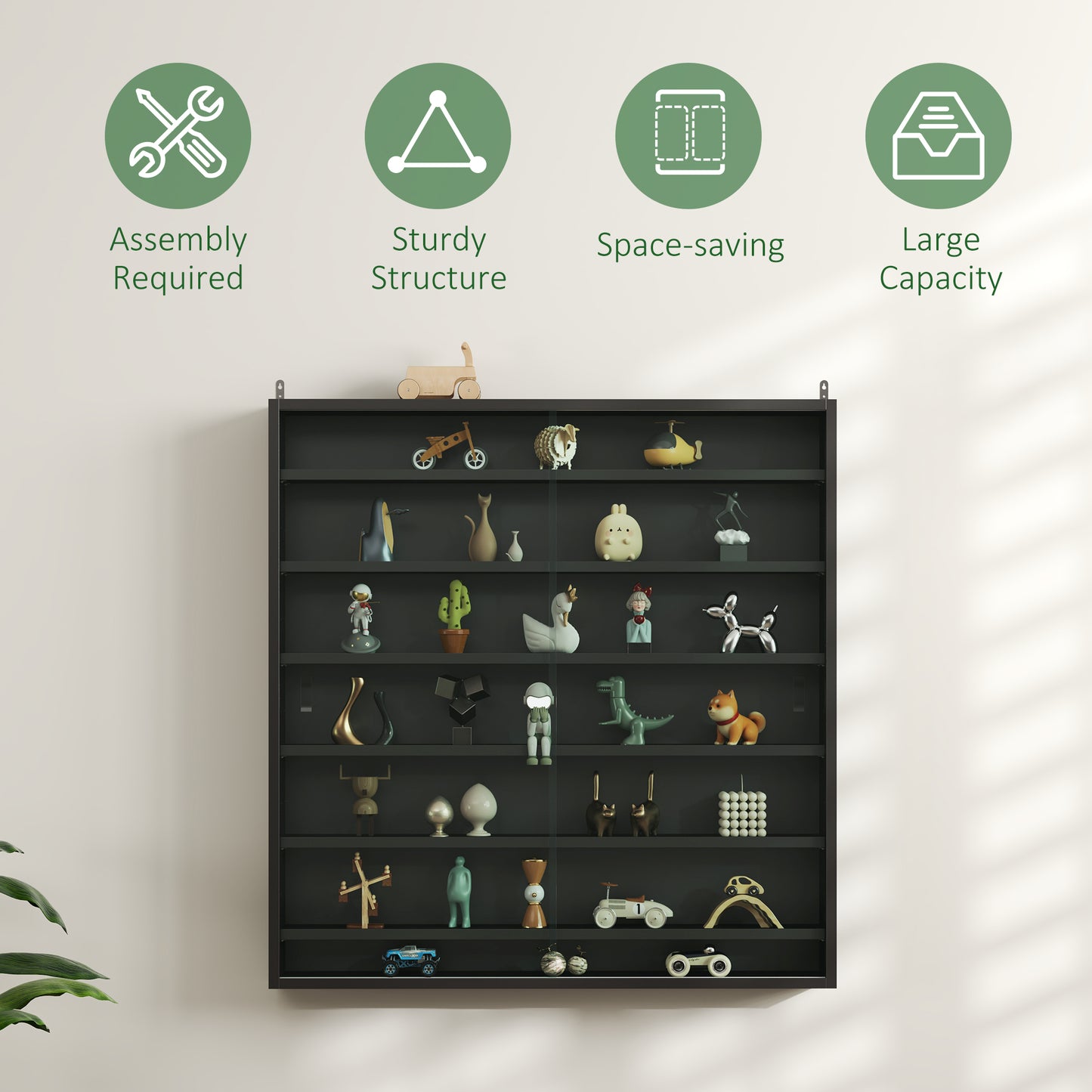 7-Tier Wall Display Cabinet w/ Shelves Glass Doors, Black