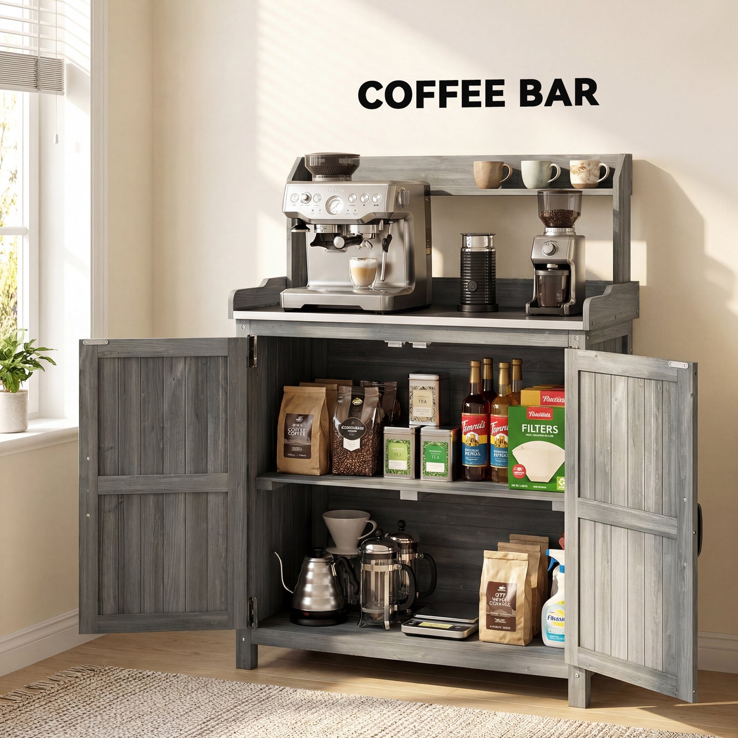 Wooden Potting Bench Table with Aluminium Worktop and Top Shelf